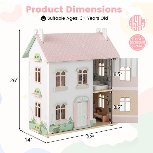 Wooden Dollhouse for Kids, 3 Levels, Double-Sided Roofs, and Interactive Doors - 22" x 14" x 26" (L x W x H)