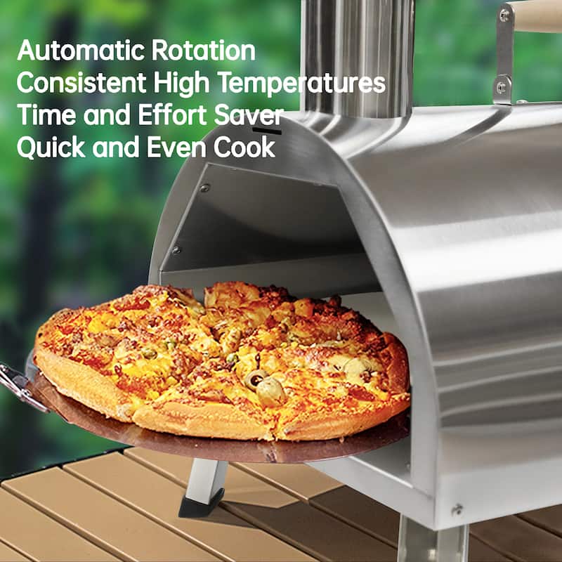 Outdoor Portable 12" Automatic Rotatable Wood Fired Pizza Ovens, with Built-in Thermometer Pizza Cutter Carry Bag