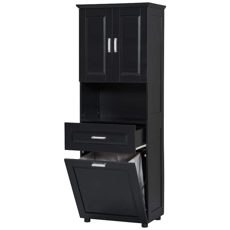 Tilt Out Laundry Hamper Tall Bathroom Cabinet Laundry Organizer with Drawer, Shelf and Upper Storage Cabinet, Black