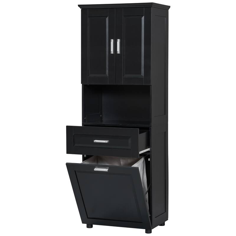 Waterproof Bathroom Cabinet with Tilt-Out Laundry Basket, Large Double Door Storage Cabinet with Adjustable Shelf and Drawer