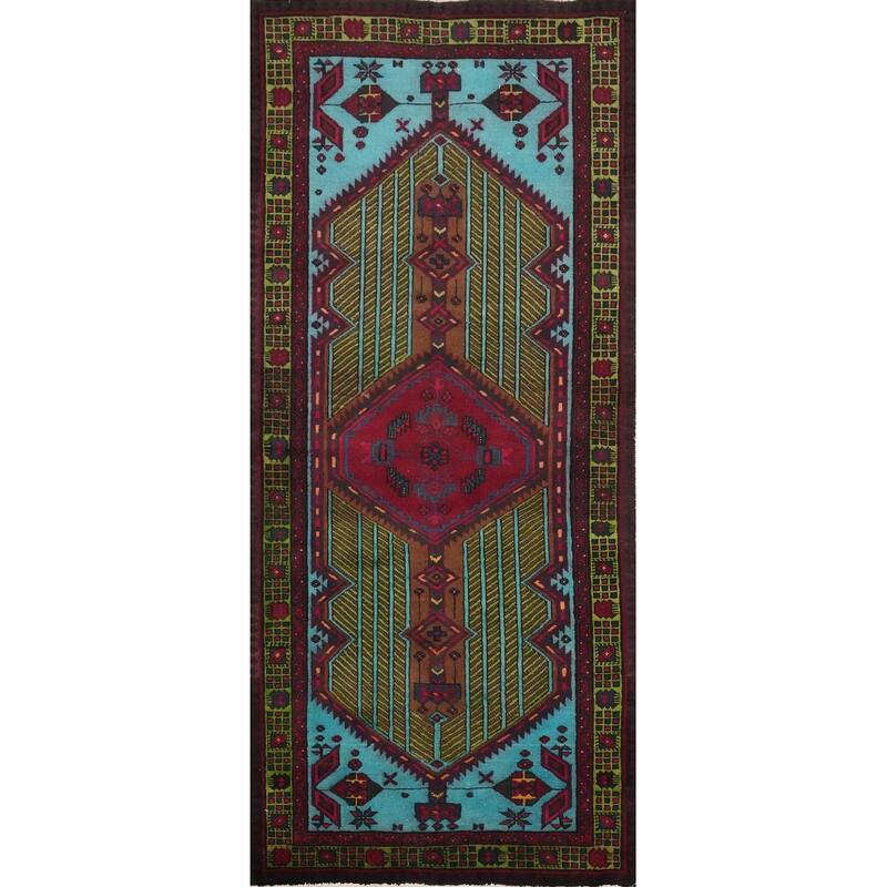 Hand Knotted Oriental 100% Wool Carpet Traditional Tribal Navy Blue & Blues Ardebil Runner Rug - 7' 1'' X 3' 0''