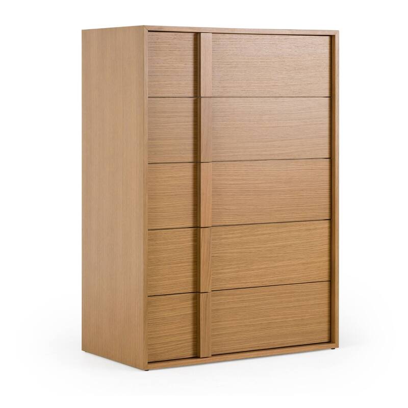 Lina Tall Dresser Chest, 5 Drawers, Natural Brown Oak Veneer