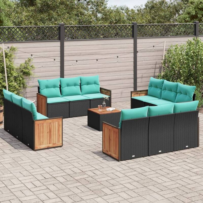 vidaXL 12 Piece Patio Sofa Set with Cushions Black Poly Rattan - 21.7x27.2x24.4-With table