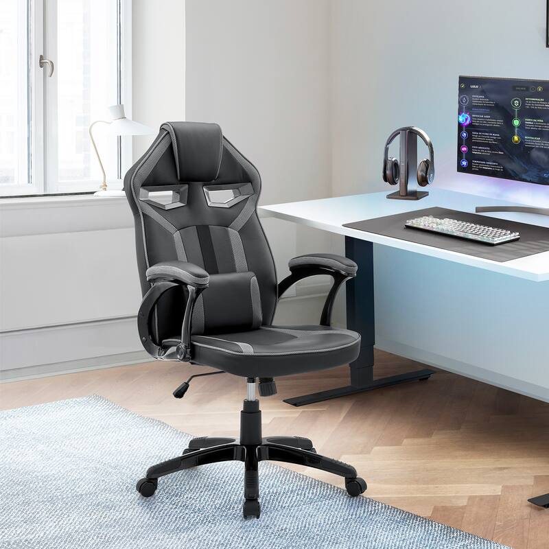 Aspect Adjustable Gaming Chair in Faux Leather with Mesh and Lumbar Support Pillow - Grey/Black