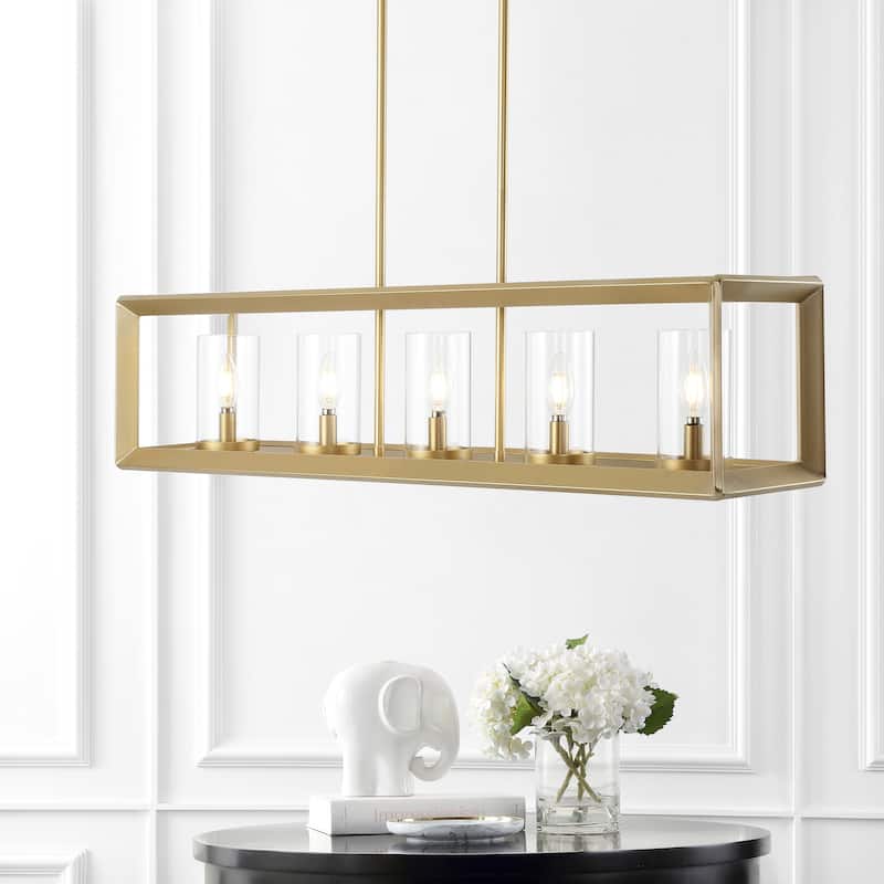 Anna Linear Metal/Glass LED Pendant, Oil Rubbed Bronze by JONATHAN Y - Brass Gold/Clear