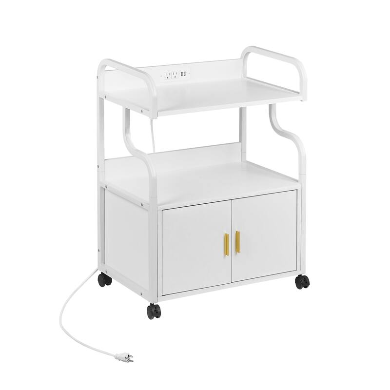 Javlergo 2-in-1 White Rolling Utility Cart with Outlets & USB Ports 3-Tier Open Shelf or 2-Tier with Door Cabinet Office Cart - Powder Coated - White