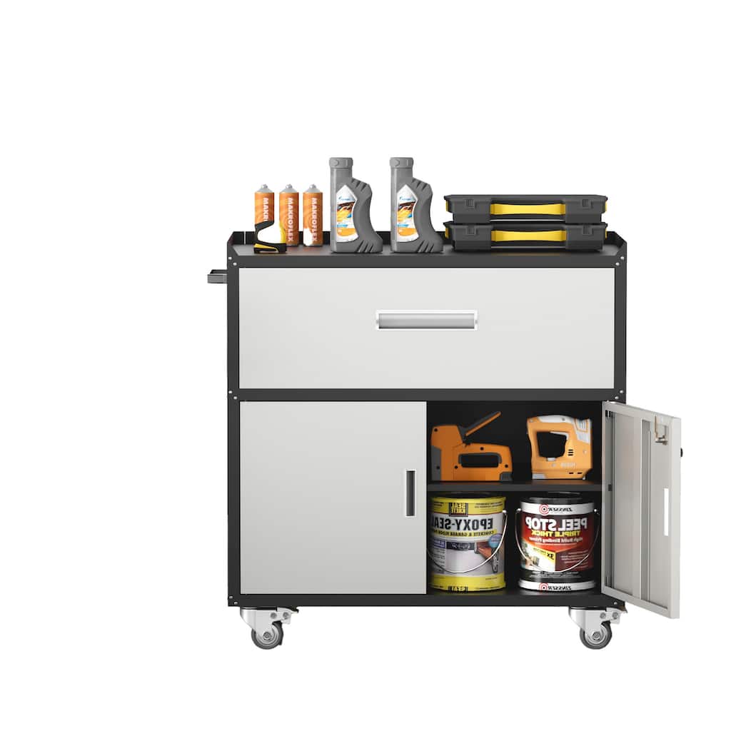 Grey and White Steel Tool Cart with Adjustable Shelves and Heavy-Duty Swivel Casters - N/A