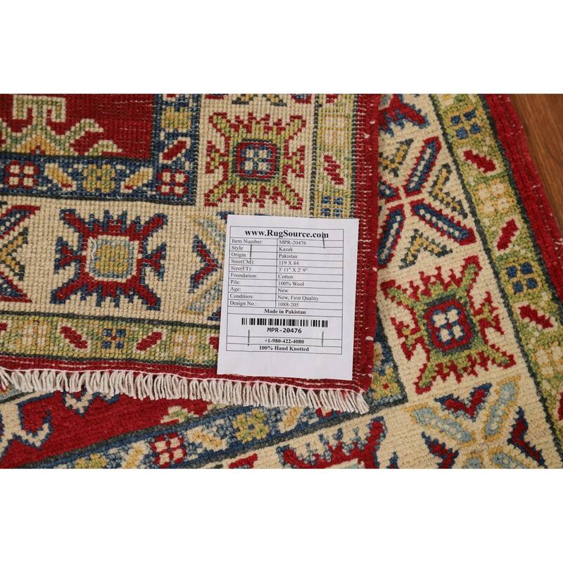 Red Kazak Foyer Rug Handmade Geometric Wool Carpet - 2'9"x 3'11"