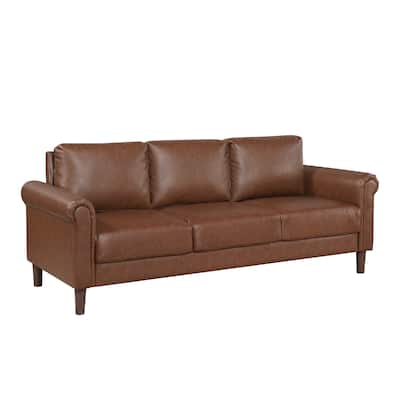 Lo Sofa w Rolled Arms, Mid Century Dark Brown Faux Leather 79 Inch
