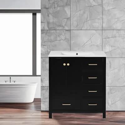 30" Freestanding Bathroom Vanity with Ceramic Sink, Solid Wood Frame & 4 Drawers for Ample Storage