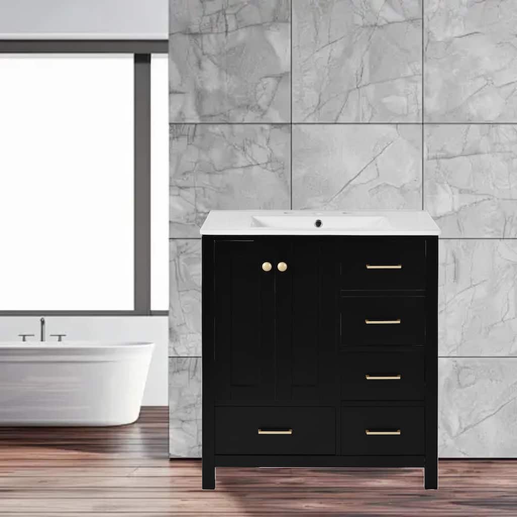 30" Freestanding Bathroom Vanity with Ceramic Sink, Solid Wood Frame & 4 Drawers for Ample Storage