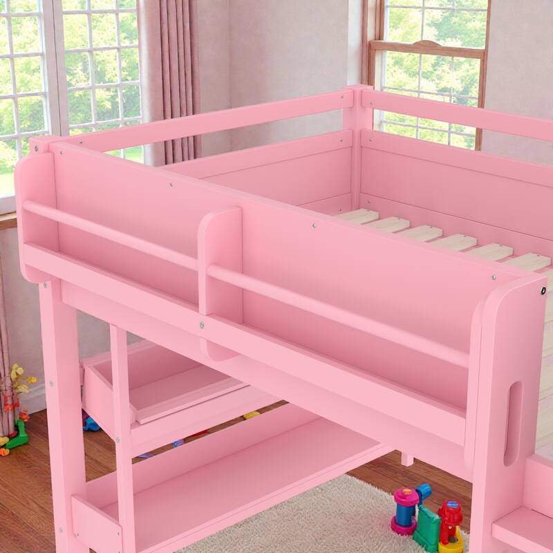 Low Loft Bed with Desk, Storage Bookcases, Drawers & Boxes, Solid Wood Kids Loft Bed with Blackboard Shelf