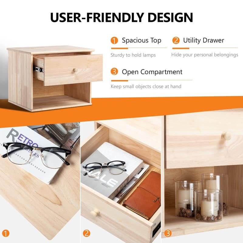 Unfinished Natural Solid Wood Floating Nightstand Set of 2