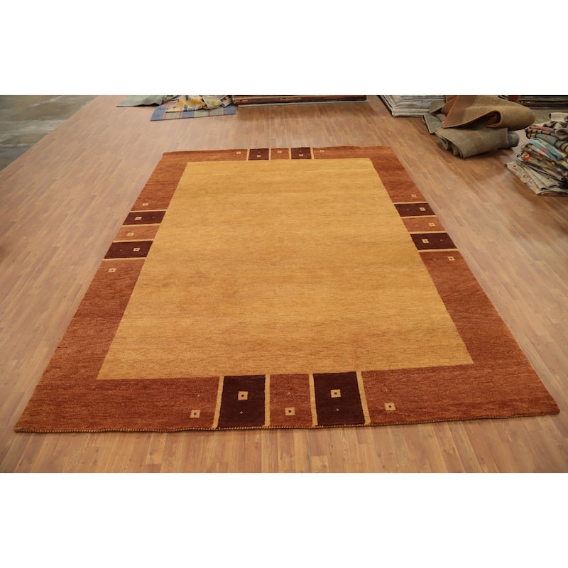 Hand Knotted Oriental 100% Wool Carpet Modern Geometric Yellow & Gold Gabbeh Area Rug - 12' 9'' X 9' 11''