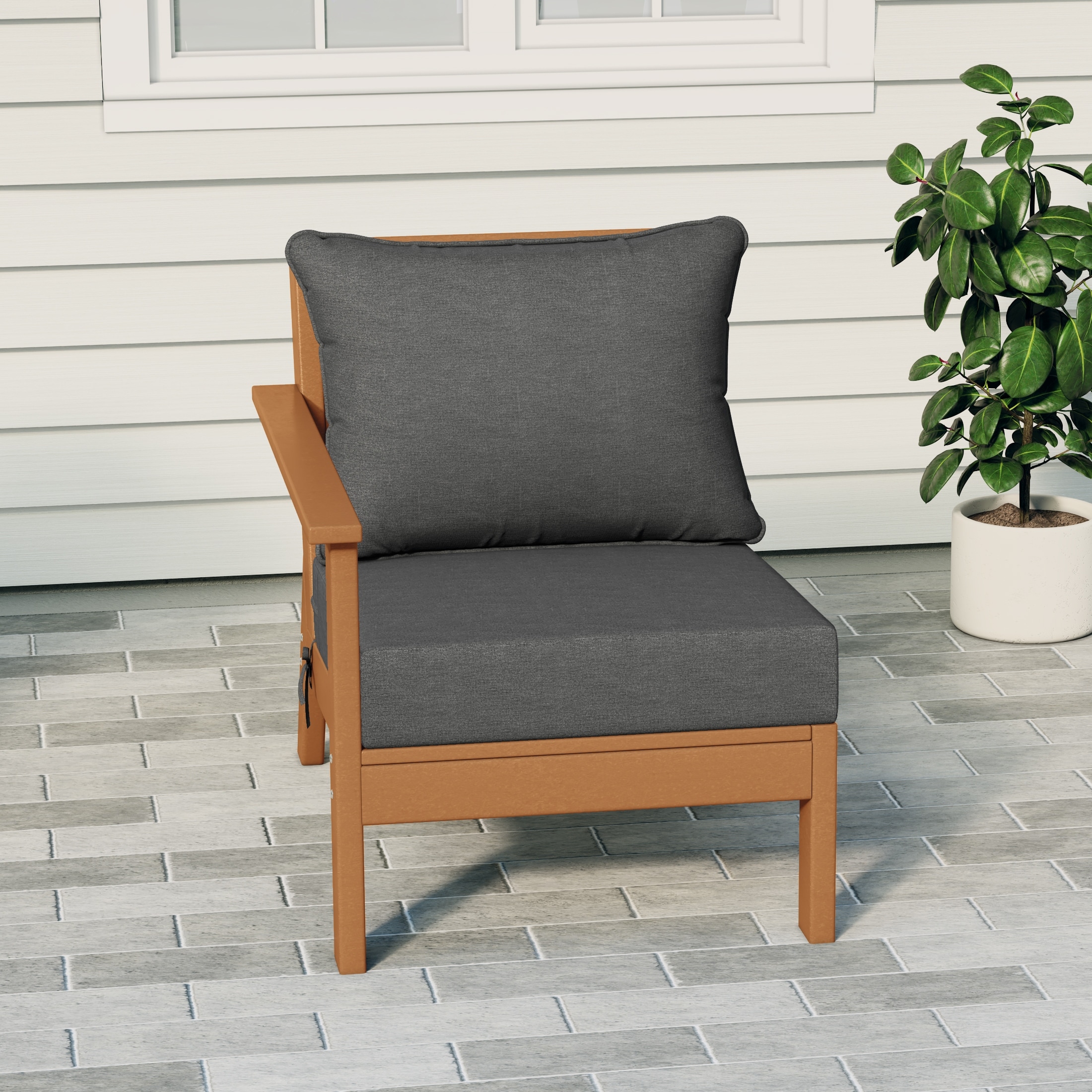 Birchwood All Weather HDPE Outdoor Patio Deep Seating Teak Left Arm Facing Chair With Cushions (1-Piece)