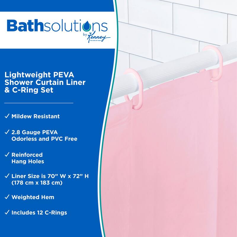 Kenney Lightweight PEVA Shower Curtain Liner and C-Ring Set, 70" W x 72" H