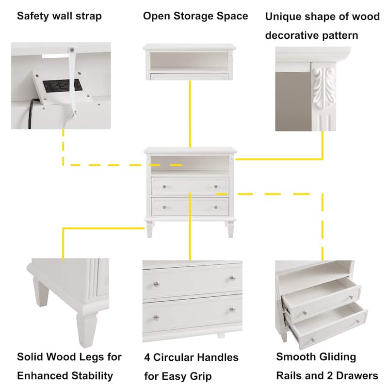 2 Drawers Dresser Nightstand with Charging Station