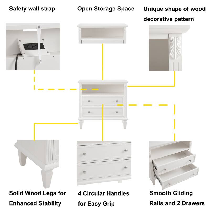 Farmhouse 2-Drawer Dresser Nightstand with Charging Station, USB Ports, Open Shelf & Solid Wood Legs