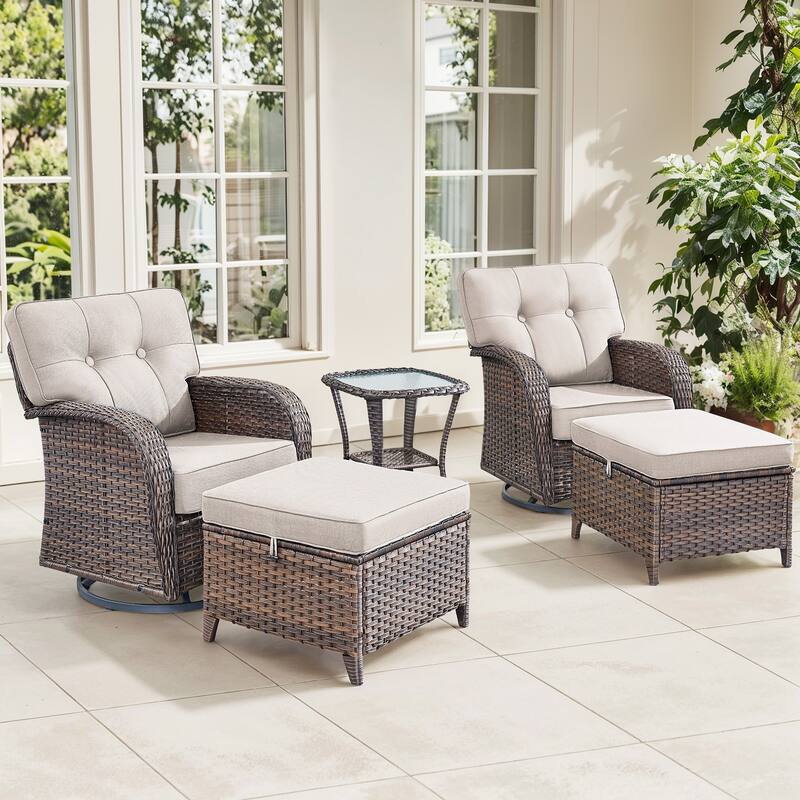Gymojoy 5-Piece Outdoor Wicker Swivel Chair Set with Ottomans & Side Table, 5" Thick Cushions