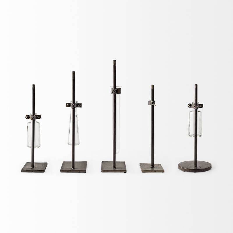 Set of 2 Modern Dark Brown Metal Table Vases Abstract Cylinder Decorative Accents for Living Room
