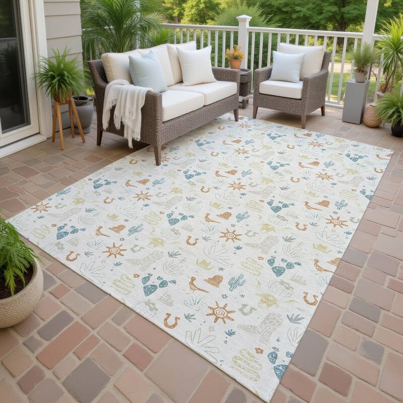 Machine Washable Indoor/ Outdoor Cowboy Ranch Chantille Rug - Ivory - 10' x 14'