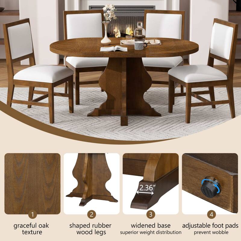 5-Piece Extendable Dining Table Set with 15.7" Leaf and 4 Upholstered Chairs