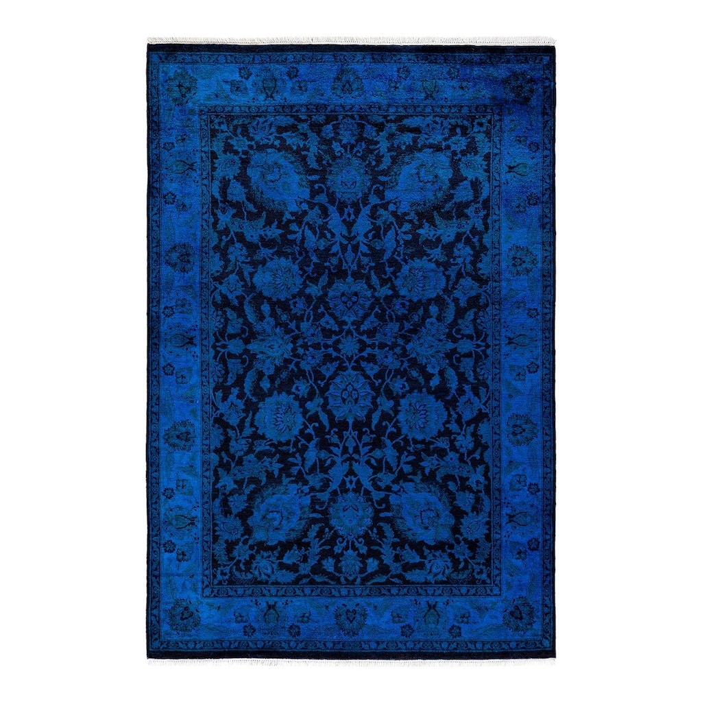 Overton Hand Knotted Wool Vintage Inspired Modern Contemporary Overdyed Blue Area Rug - 4' 2" x 6' 2"