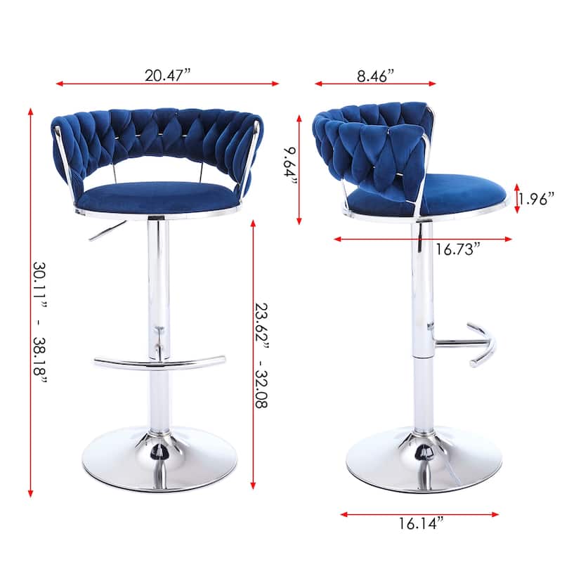 Adjustable Height Velvet Bar Chairs with 360° Swivel, Chrome Legs and Footrest, Contemporary Barstools for Dining or Counter Use