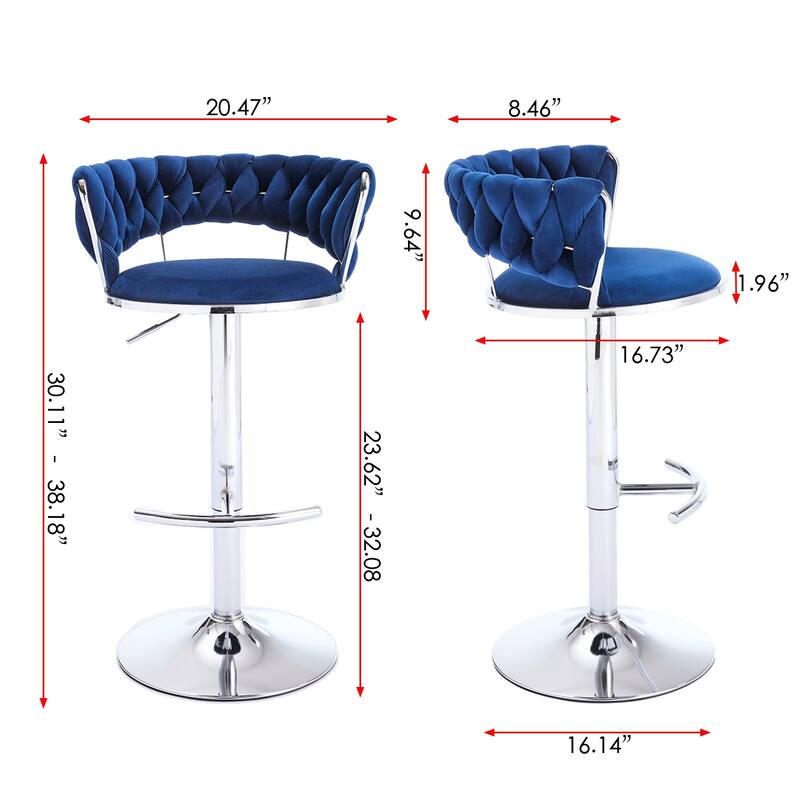 Set of 2 Bar Stools,with Chrome Footrest and Base Swivel, Height Adjustable, Velvet Upholstered + Chrome Leg Simple Bar Stool