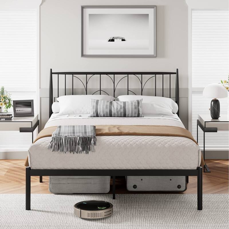 Platform Bed Frame with Wheat Head Headboard, Metal Mattress Foundation for Storage