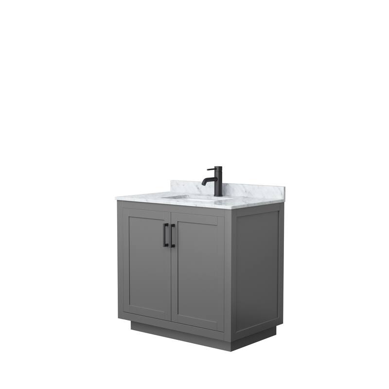 Miranda Single Vanity Set, White Carrara Marble Top, No Mirror - 36-Inch Single - Dark Gray, Black Trim, White Carrara Marble Top