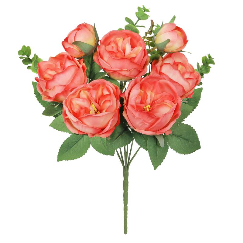 Set of 4 Coral Artificial Cabbage Rose Flower Stem Bush Bouquet 13in - 13" L x 8" W x 8" DP - Coral - 13" L x 8" W x 8" DP