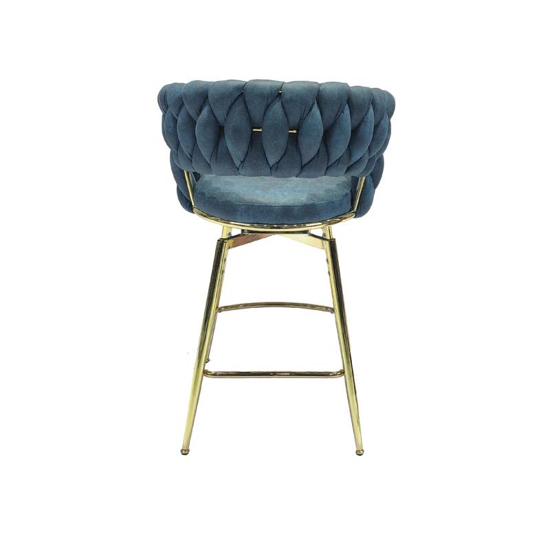 360 Swivel Suede Woven Bar Chair Set of 4, Upholstered Barstools with Metal Base