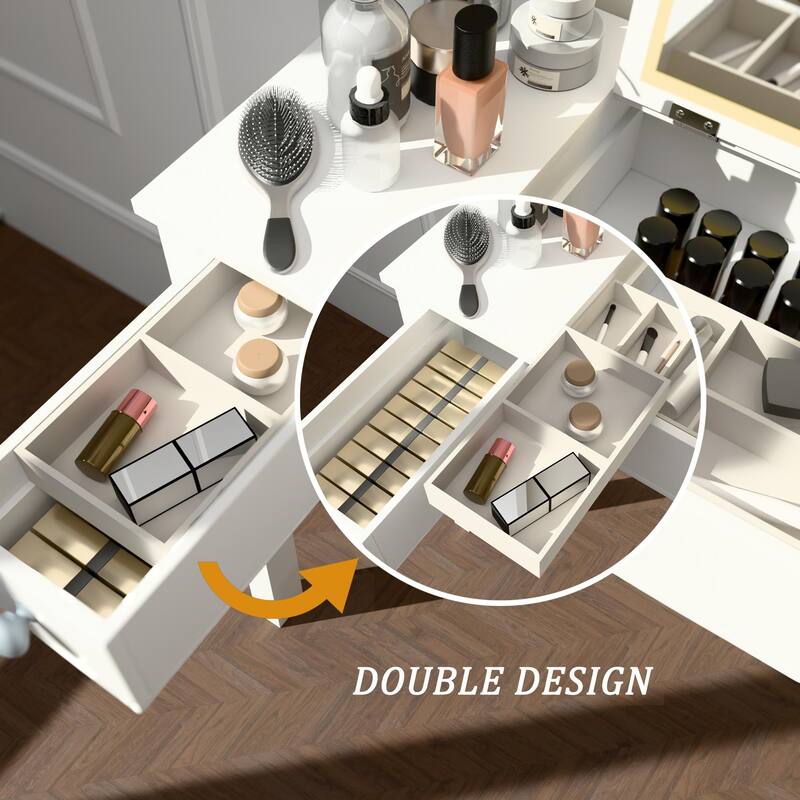 Sleek Vanity Table with LED Lights, Flip-Top Mirror and 2 Drawers, Jewelry Storage for Women Dressing