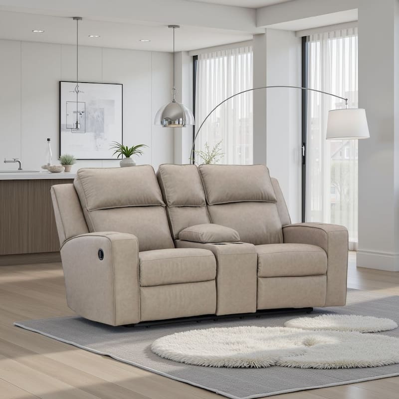 Livie Manual Recliner Loveseat, Console, Beige Gray Faux Leather 77in