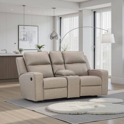 Livie Manual Recliner Loveseat, Console, Beige Gray Faux Leather 77in