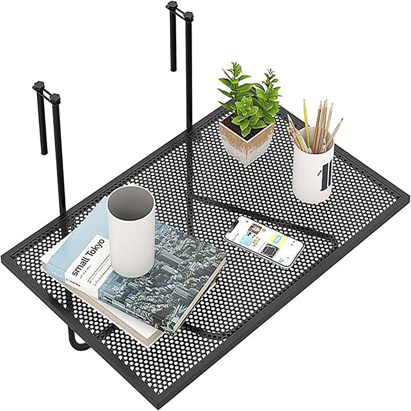 Balcony Railing Hanging Folding Table Plant Stand w/ Adjustable Hooks - Black
