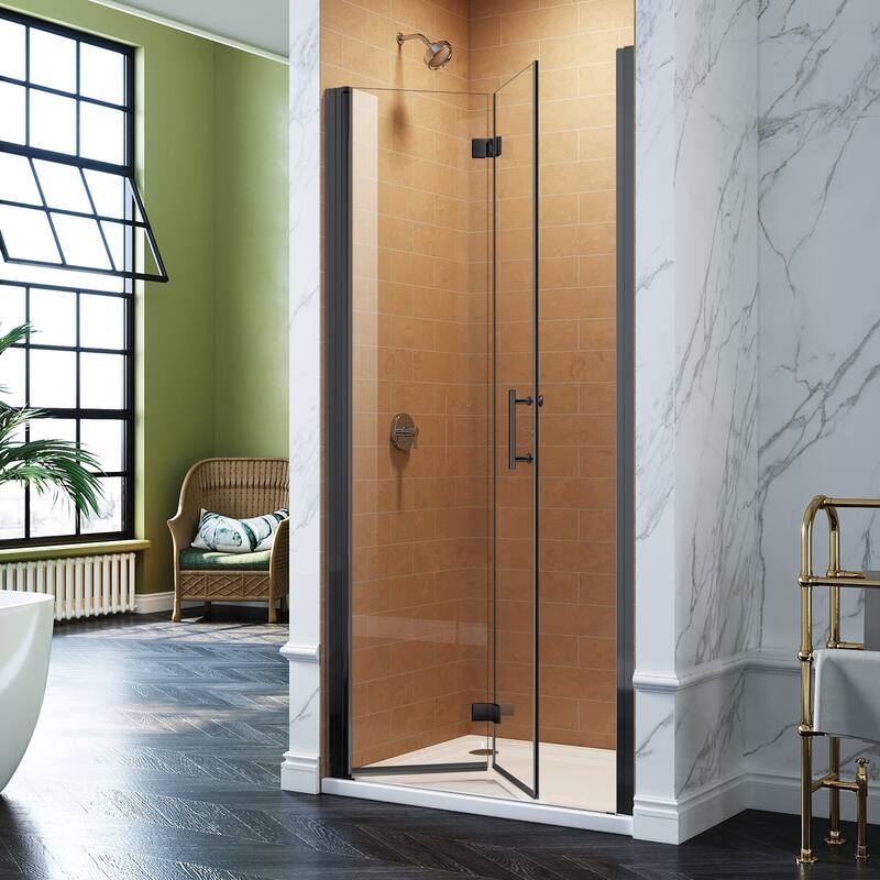 Elegant Bi-Fold Frameless Pivot Swing Shower Door Enclosure with Clear Glass Panel and Hardware Kit