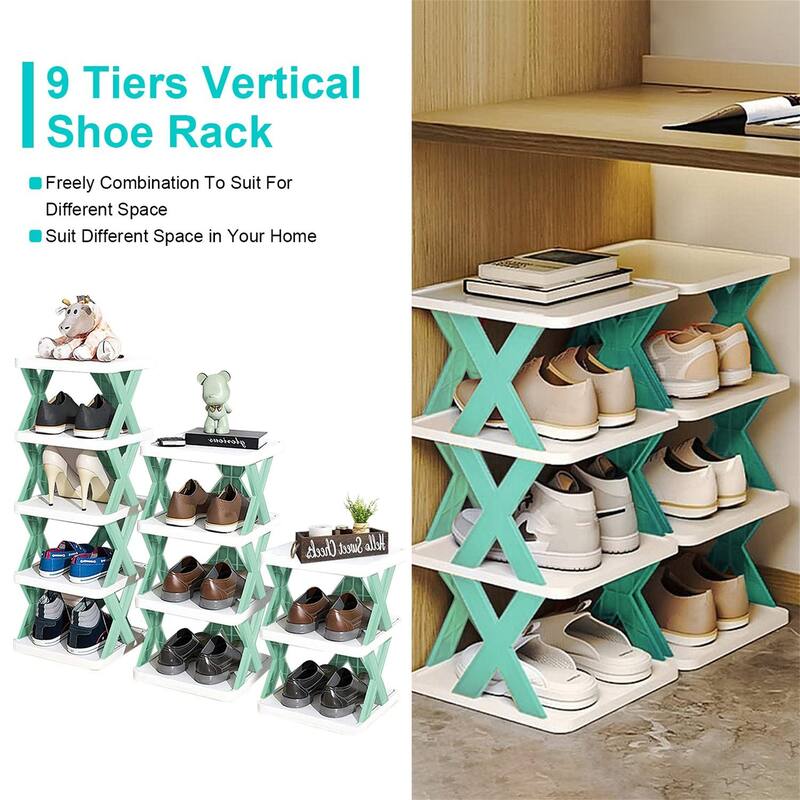 9 Tier Narrow Shoe Rack Free Standing Vertical Shoe Organizer Plastic Shelf Closet