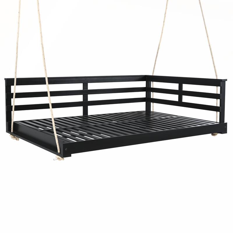 Durable Acacia Wood Porch Swing Bed with Hemp Ropes for Patio and Garden