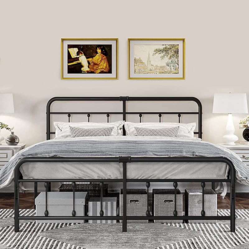 VECELO Metal Bed Frame with Headboard Classic Metal Platform Bed Frame Mattress Foundation with Victorian Style Footboard - Black - King