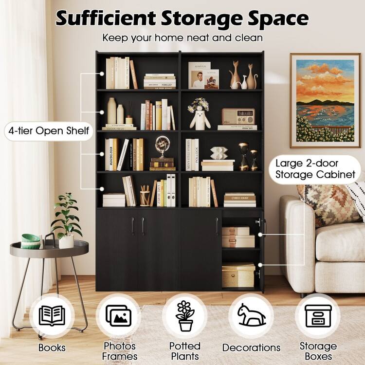 Engineered Wood Bookcase with Adjustable Shelves, 2-Door Cabinet and Anti-Tip Safety - 24.5" x 12" x 70" (L x W x H)