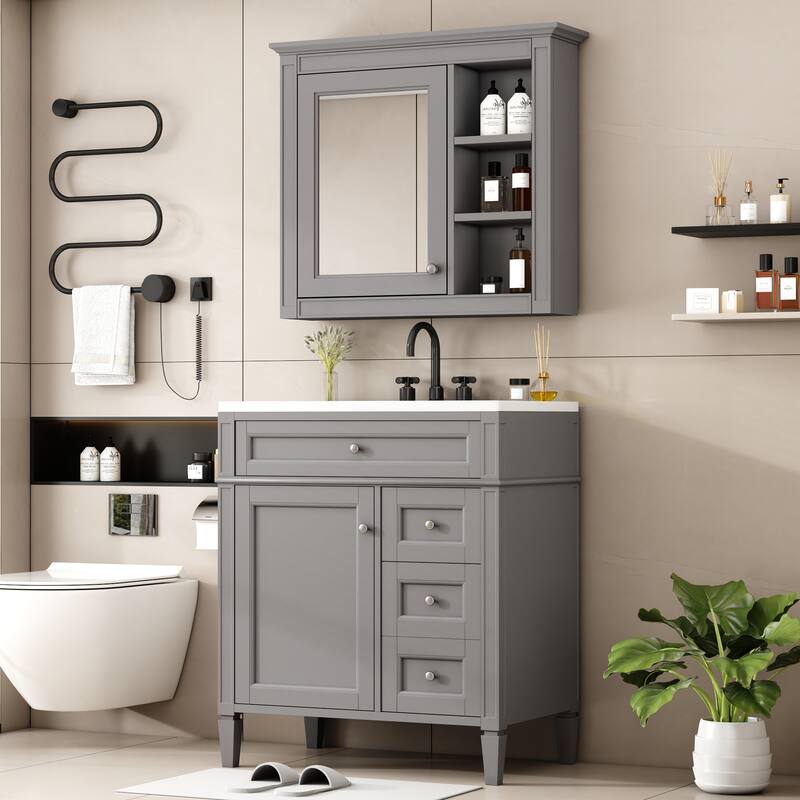 GDFStudio - Montvale Modern Freestanding Bathroom Vanity Set with Mirror Cabinet, Resin Sink & a Tip-out Drawer - 30'W