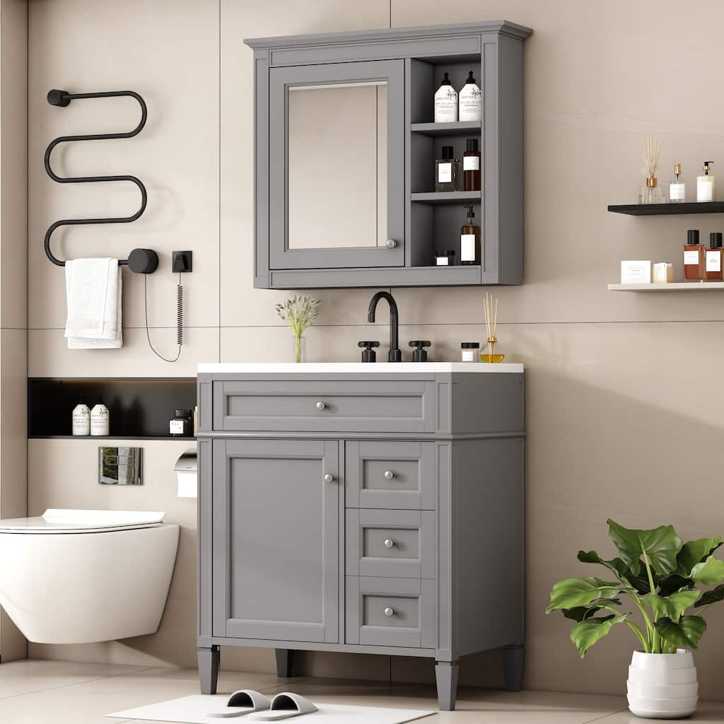 GDFStudio - Montvale Modern Freestanding Bathroom Vanity Set with Mirror Cabinet, Resin Sink & a Tip-out Drawer - 30'W