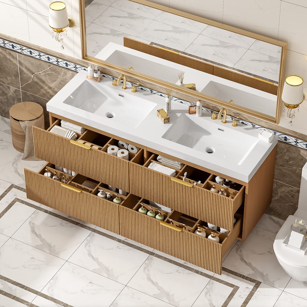 59.3" Double Sink Bathroom Vanity with SMC Top, Soft-Close Drawers & Wall-Mounted Cabinet