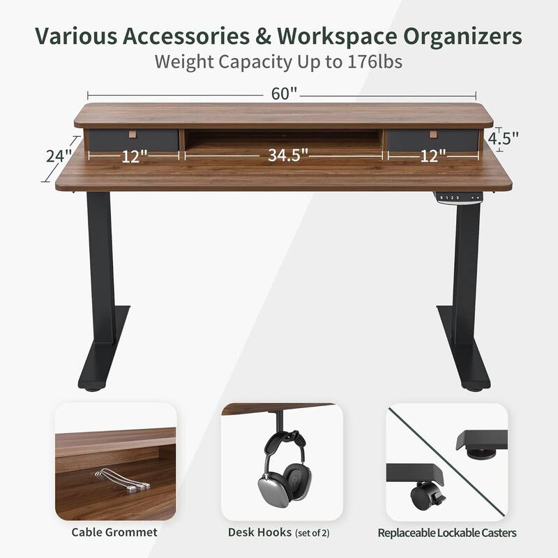 FEZIBO Height Adjustable Electric Standing Desk with Double Drawer, Stand Up Desk with Storage Shelf, Sit Stand Desk