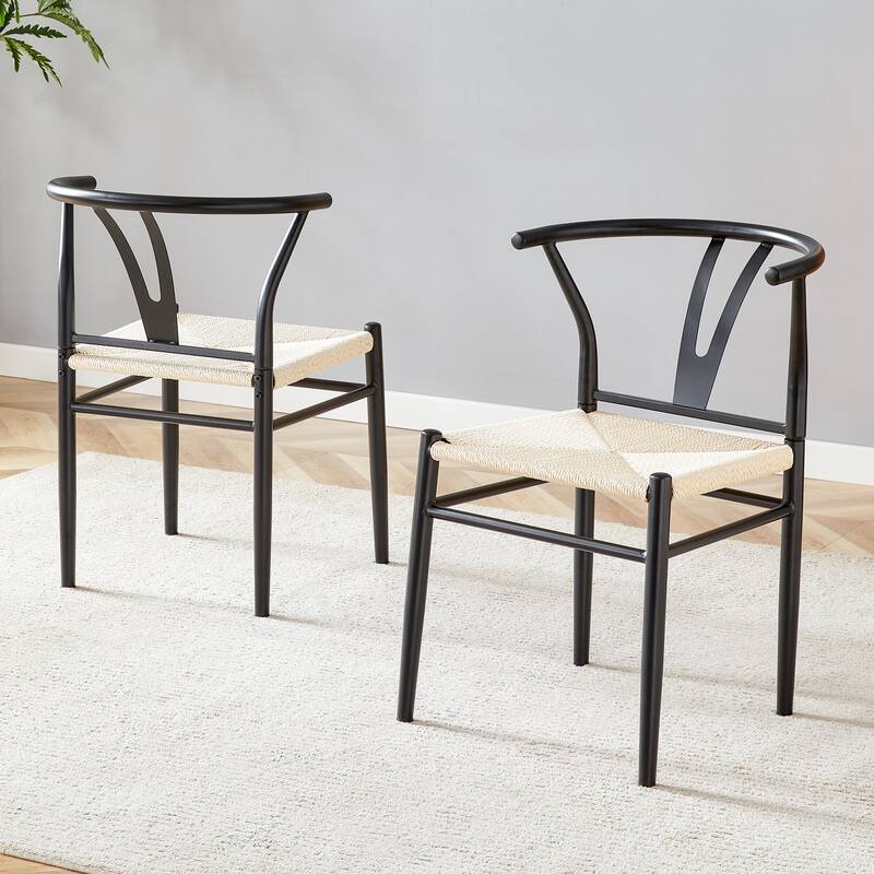Y-shaped Medieval Style Armchair for Dining Table, Woven Seat (Set of 4)