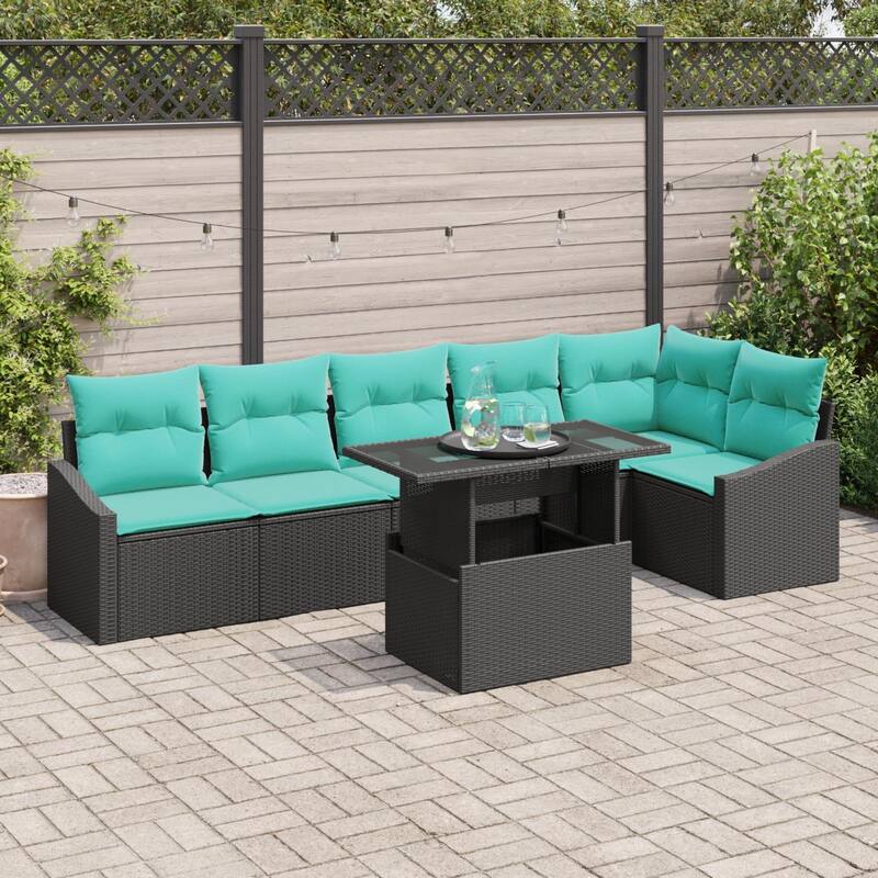 vidaXL 7 Piece Garden Sofa Set with Cushions Black Poly Rattan - 113.6×48.6×27.2