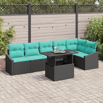 vidaXL 7 Piece Garden Sofa Set with Cushions Black Poly Rattan - 113.6×48.6×27.2