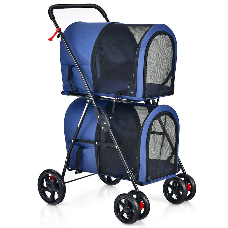 4-in-1 Double Pet Stroller w/ Detachable Carrier Travel Carriage - Blue